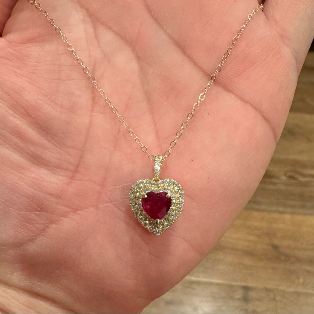18K Yellow Gold Ruby and Diamond Heart Pendant Necklace